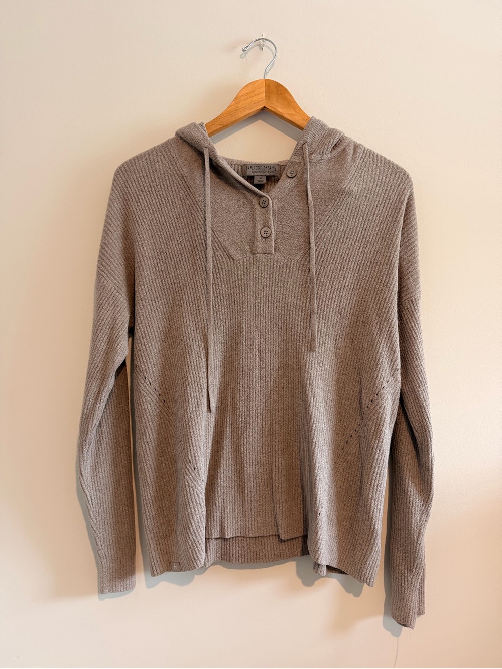 Barefoot Dreams Taupe Rib-Knit Hooded Henley Sweater Size Medium